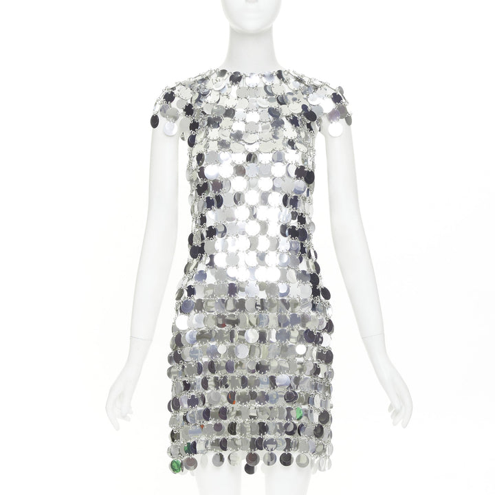 PACO RABANNE Iconic Silver Sparkle sequin chain discs mini dress FR38 M
