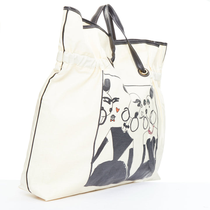 LANVIN 2008 beige coated canvas black drawstring cartoon print tote bag