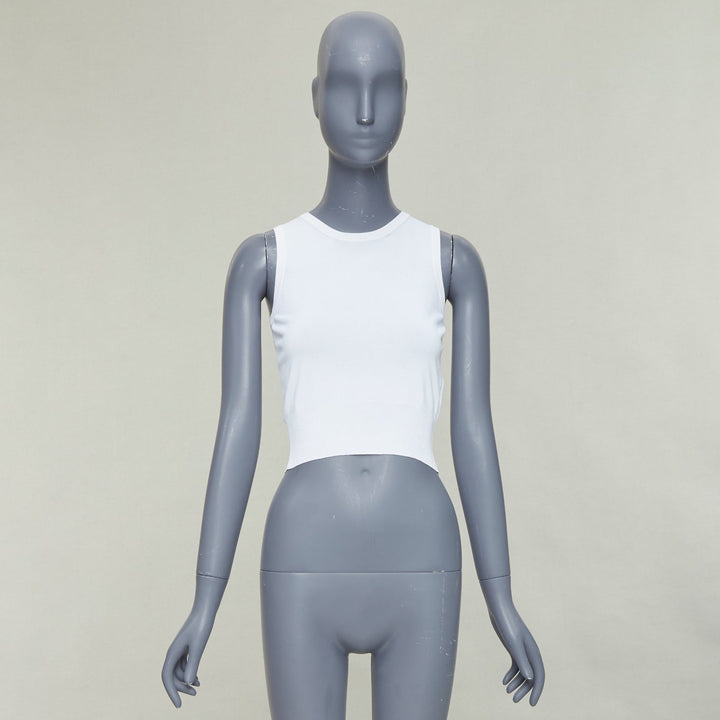 ALAIA white viscose blend sleeveless round neck ribbed hem crop vest FR36 S