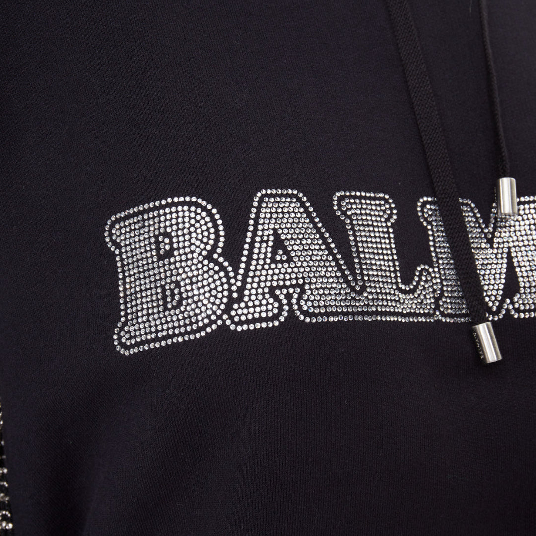 BALMA 2024 black crystal logo embellished fringe cropped hoodie sweatshirt XS