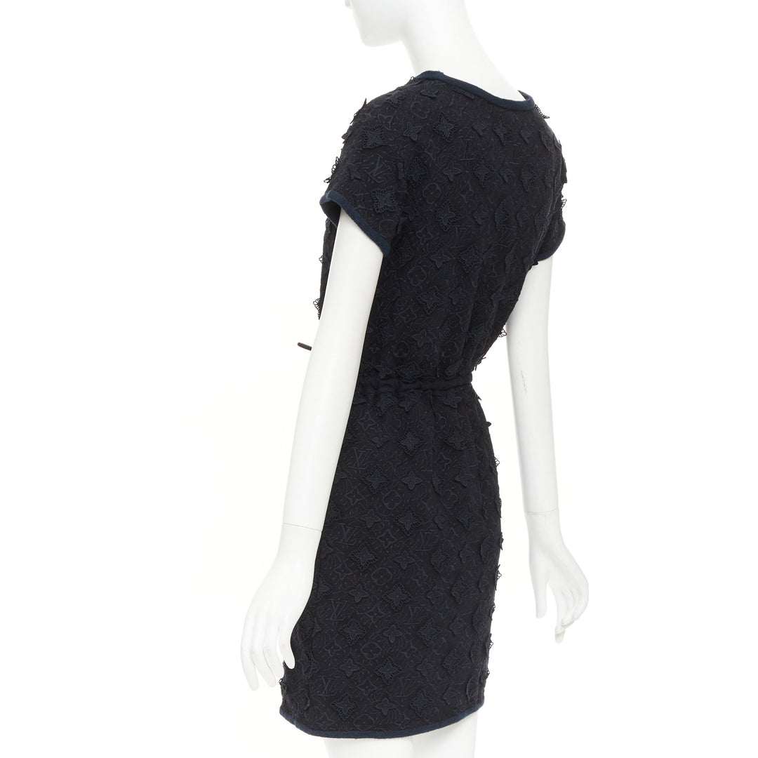 LOUIS VUITTON black LV logo monogram raised lace drawstring short dress XS