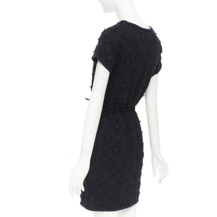LOUIS VUITTON black LV logo monogram raised lace drawstring short dress XS