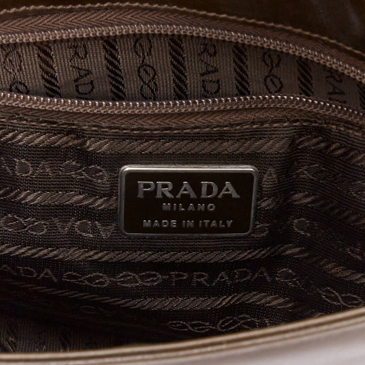 PRADA Vintage dark brown leather acrylic logo buckle flap bag
