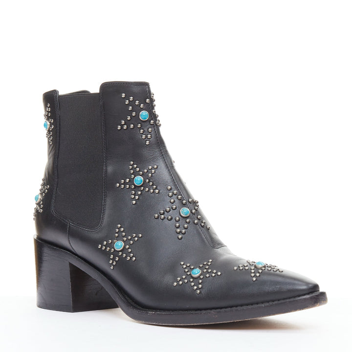 VALENTINO black leather turquoise blue stone star studded ankle boots EU40