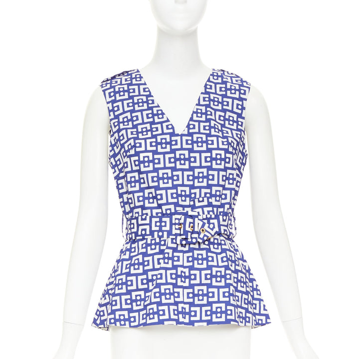 MARNI 2013 blue white cotton geometric print belted peplum V-neck top IT40 S