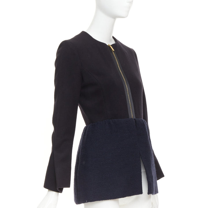 THE ROW Loxton black navy structured wool textured peplum gold zip coat US0 XS