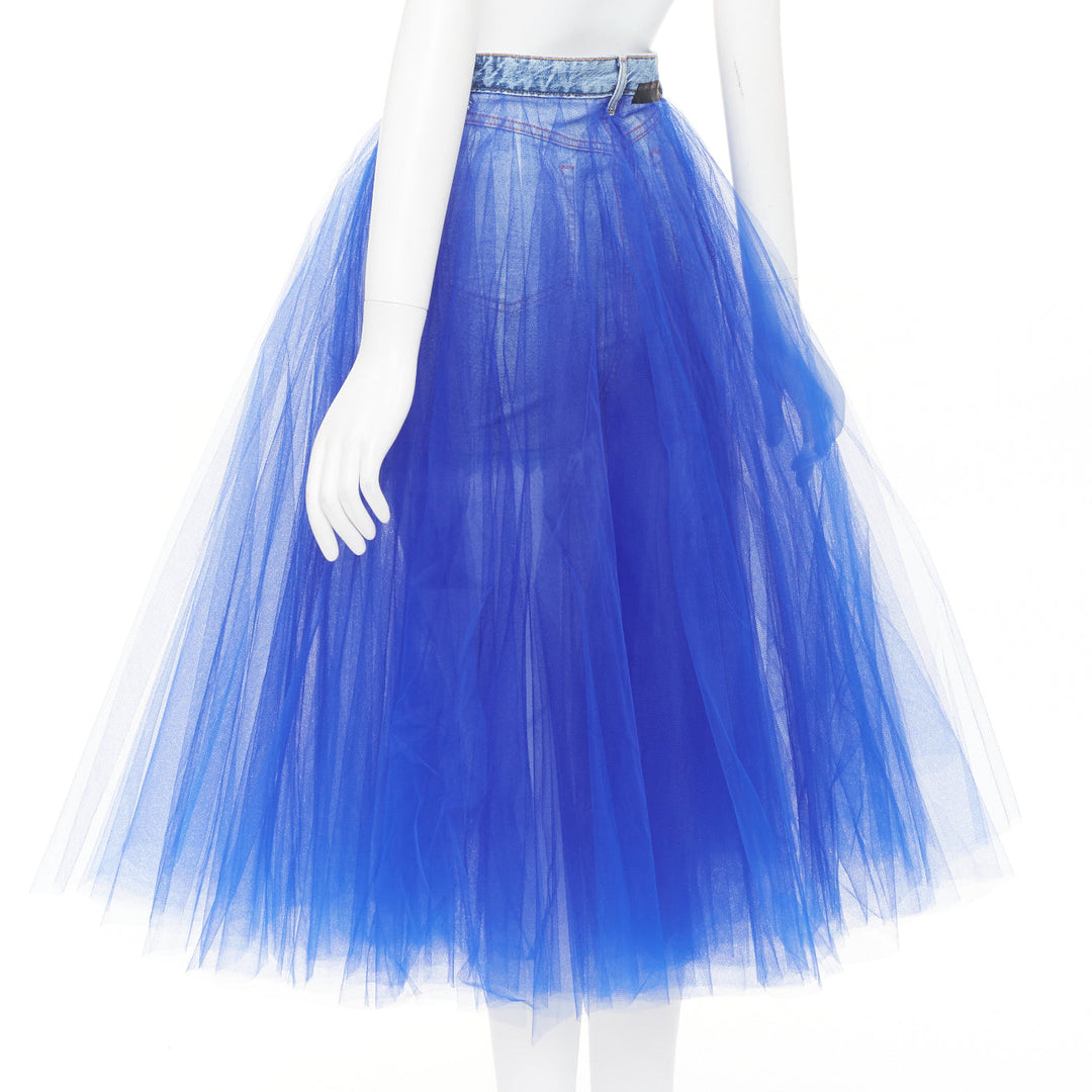 UNRAVEL PROJECT Ben Taverniti denim tulle inside out layered midi tutu skirt 24"