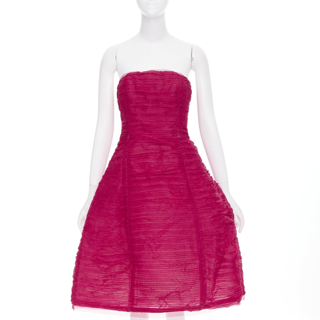 OSCAR DE LA RENTA R17 raspberry pleated silk strapless midi dress US6 M