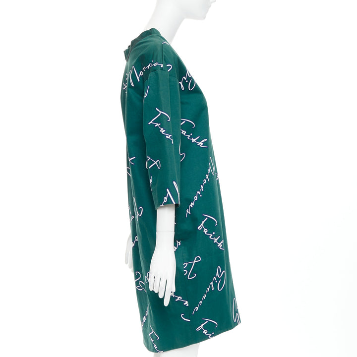 JIL SANDER green white cotton italic words graphic print cocoon dress FR32 XXS