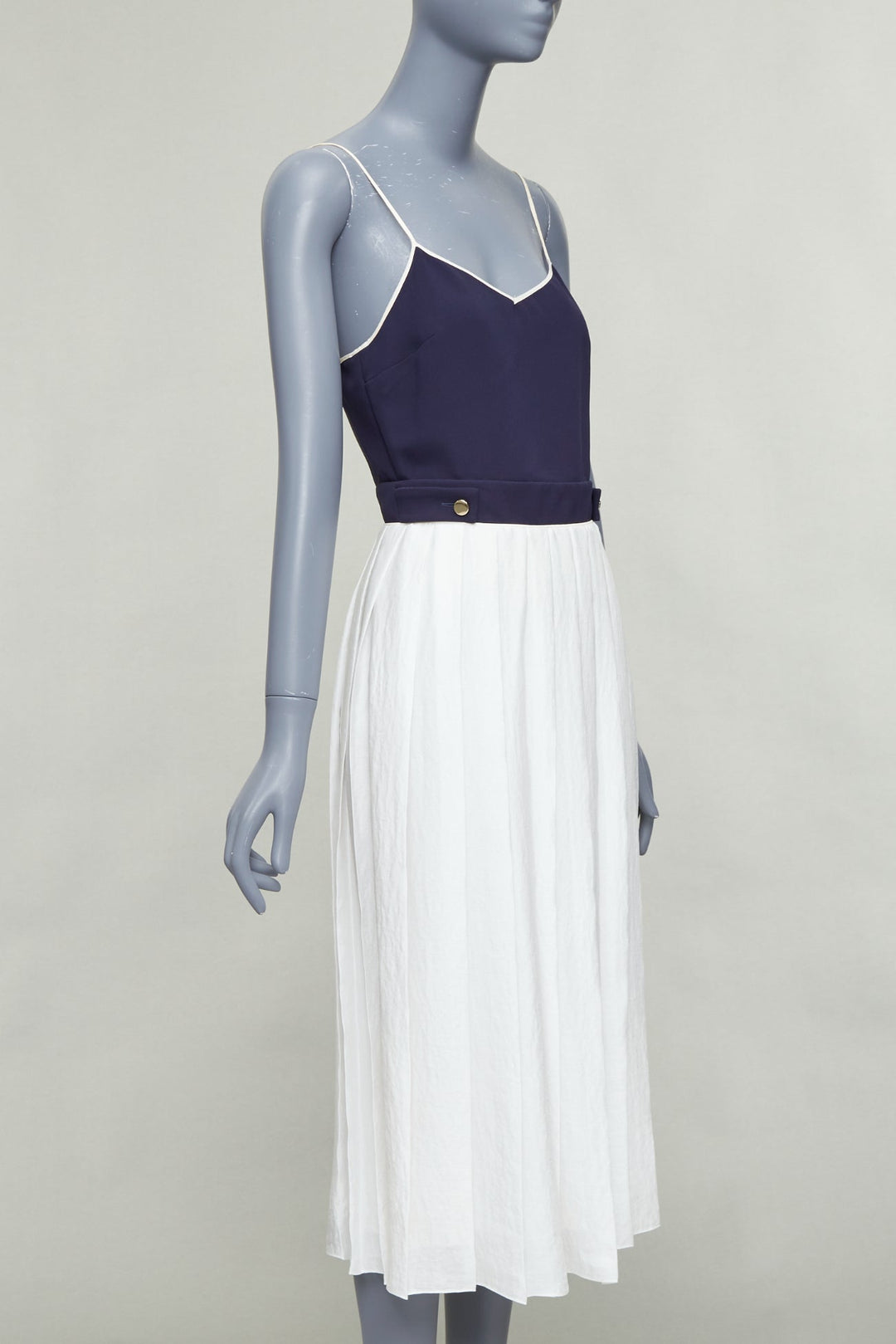VVB VICTORIA BECKHAM navy white pleated buttoned strappy midi dress