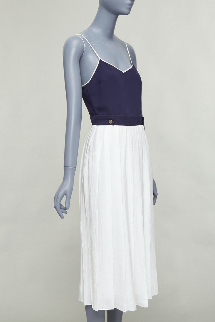 VVB VICTORIA BECKHAM navy white pleated buttoned strappy midi dress