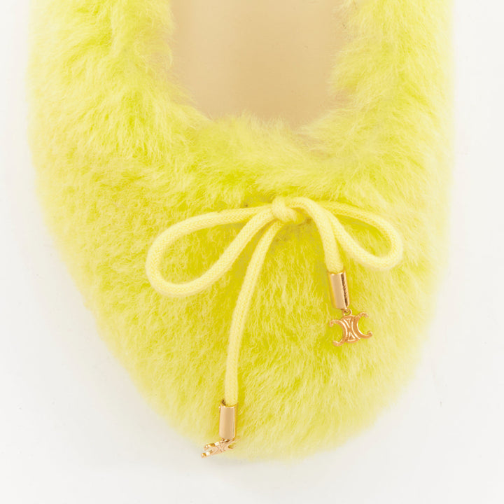 CELINE 2022 Les Ballerines yellow plush furry triomphe bow ballet flats EU37