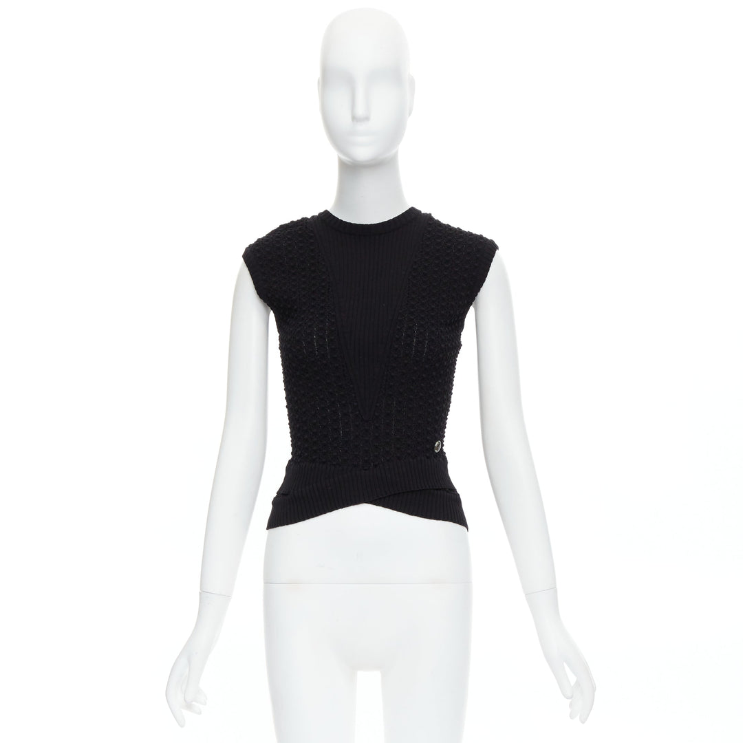 CHANEL black textured knitted CC resin button crossover hem vest FR34 XS