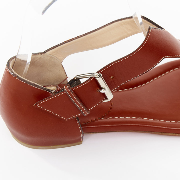 CHRISTIAN LOUBOUTIN brown leather tstrap silver buckles thong sandals EU37