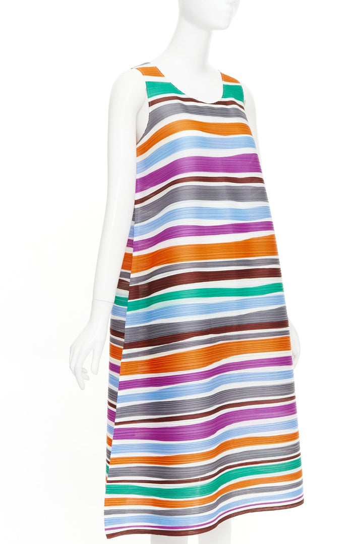PLEATS PLEASE ISSEY MIYAKE multicolor striped sleeveless trapeze dress JP3 L