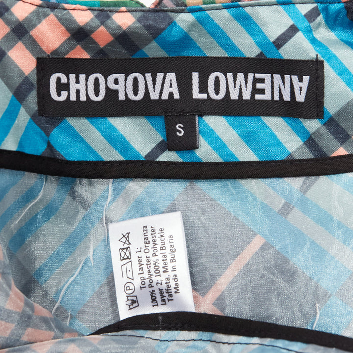 CHOPOVA LOWENA green plaid tartan gold textured button puff sleeve crop shirt S