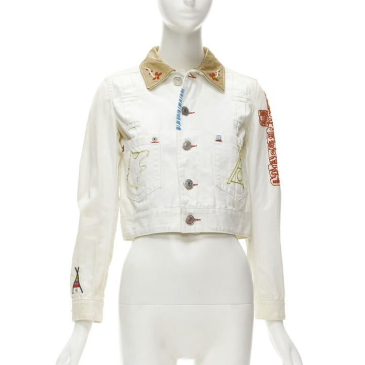 DSQUARED2 Vintage white tent embroidery leather collar denim jacket IT38 XS