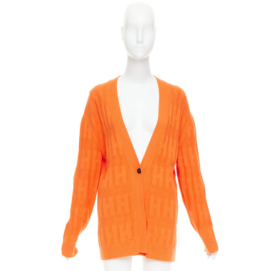 HERMES  H intarsia orange virgin wool V neck oversized cardigan FR36 S