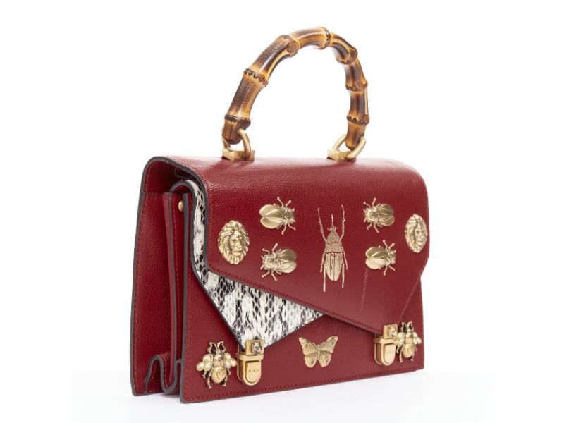 GUCCI Ottilia Bamboo Top Handle red gold insect embellished bag