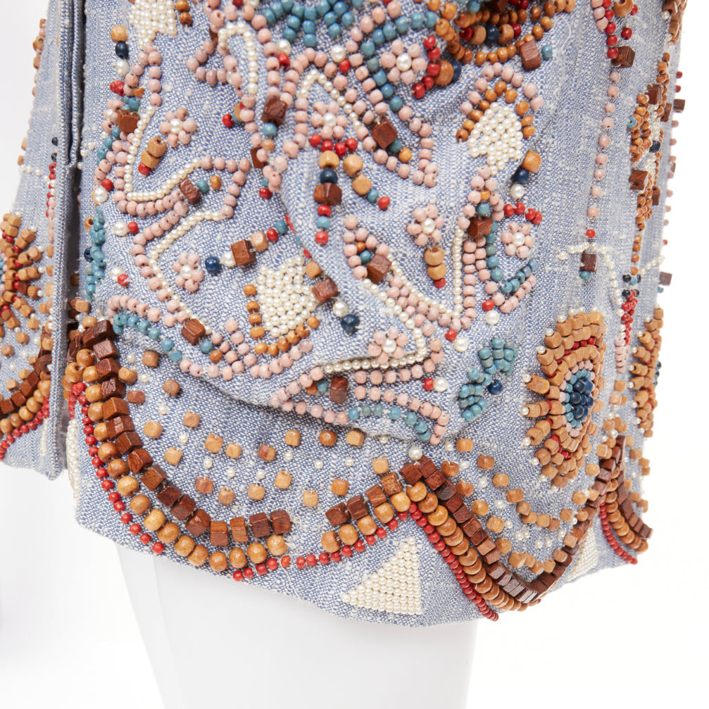 rare MATTHEW WILLIAMSON blue geometric wood bead pearl embellished coat UK12 L