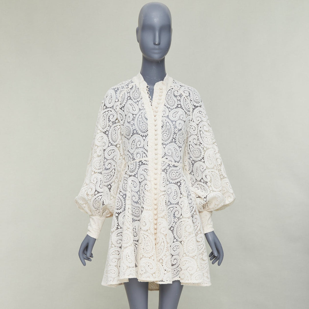 ZIMMERMANN Amari cream paisley floral lace cotton lined peasant dress Sz1 S