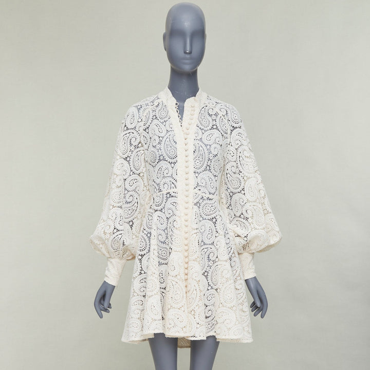 ZIMMERMANN Amari cream paisley floral lace cotton lined peasant dress Sz1 S