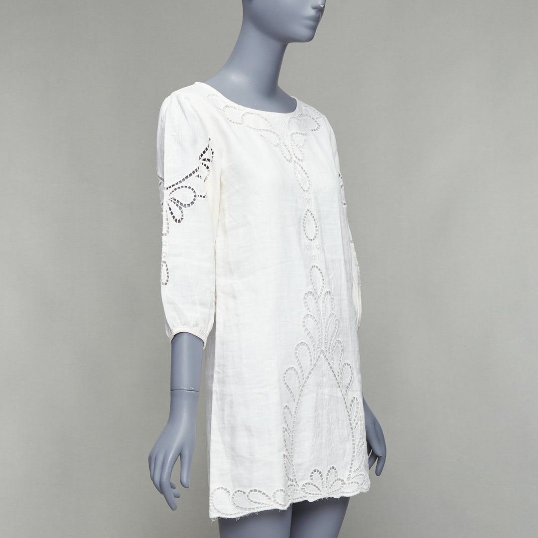 VIX PAULA HERMANNY Solid Jessey white linen lace lattice coverup boho dress S