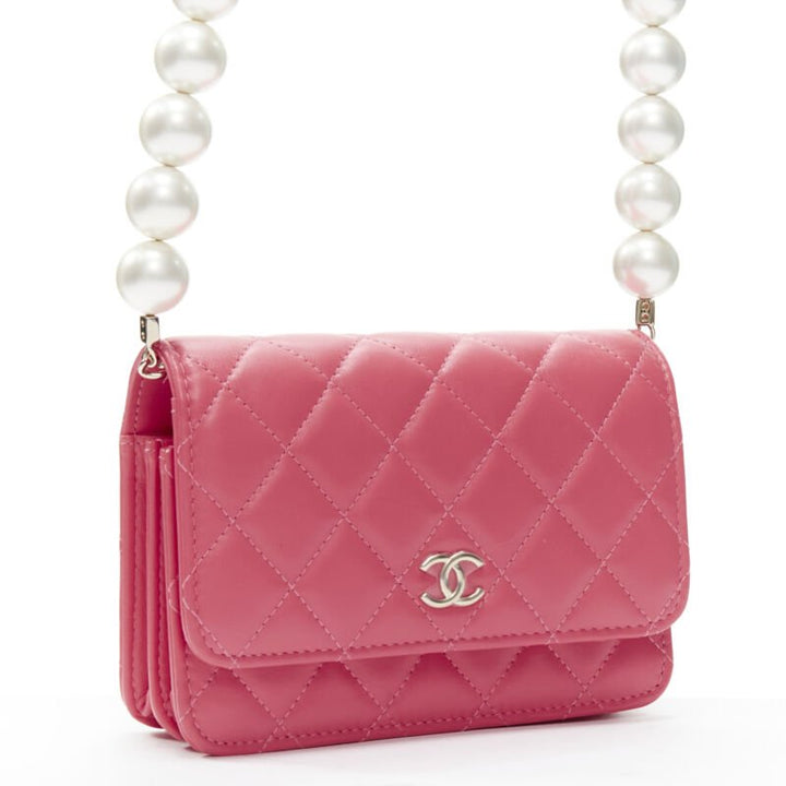 CHANEL 2021 XL pearl pink quilted leather flap wallet on chain crossbody bag