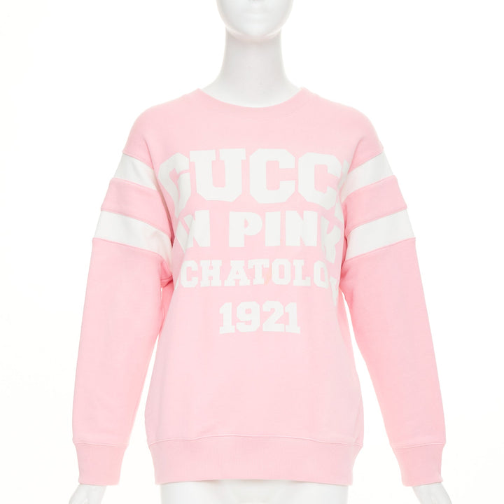 GUCCI 2021 Eschatology pink white logo varsity stripe crewneck sweatshirt XXS