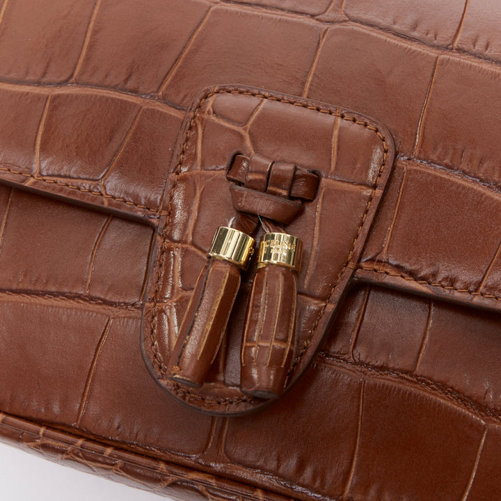 CELINE Medium Tassel brown embossed cow hide leather fringed crossbody bag
