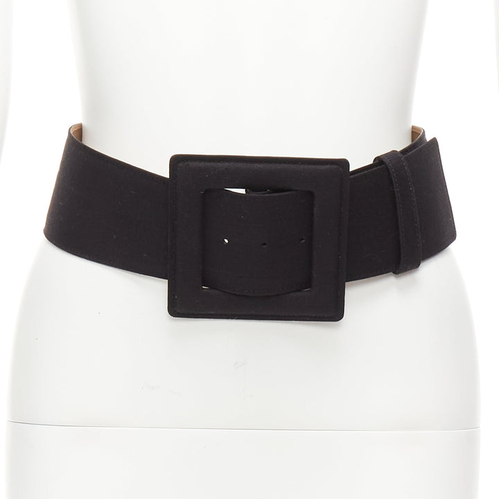 CAROLINA HERRERA black canvas nude leather lining wide big buckle belt S