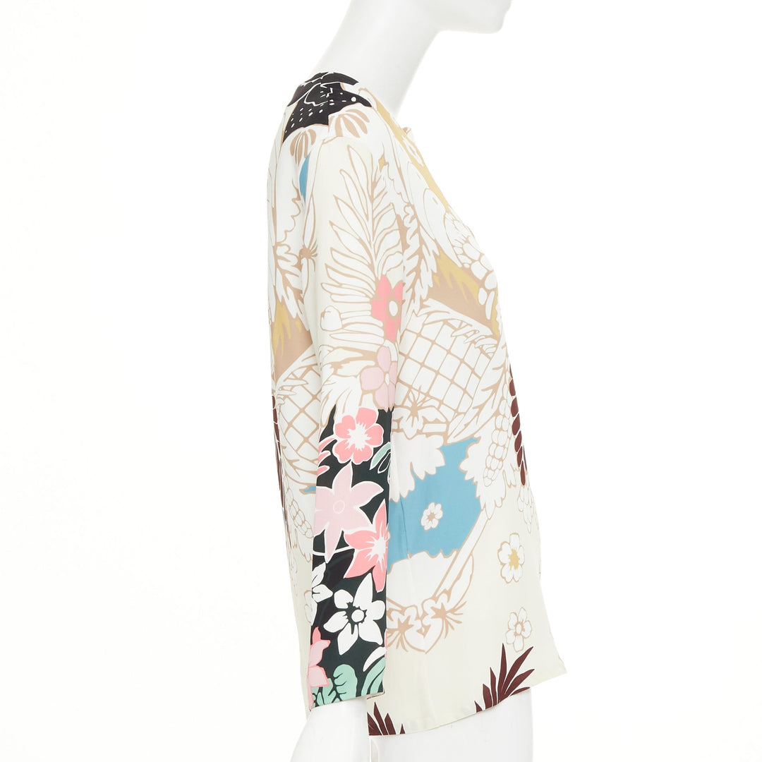 VALENTINO beige floral 18th century tapestry v neck tunic silk blouse IT36 XXS