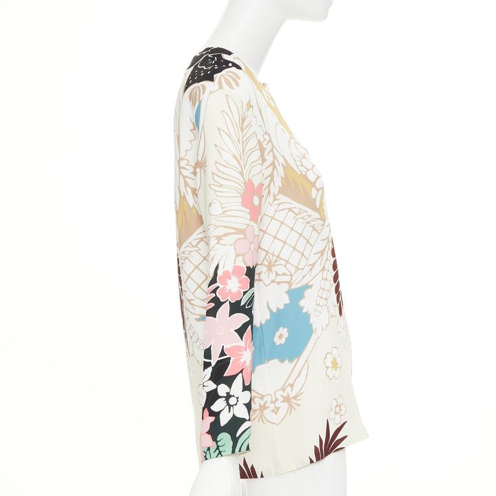 VALENTINO beige floral 18th century tapestry v neck tunic silk blouse IT36 XXS