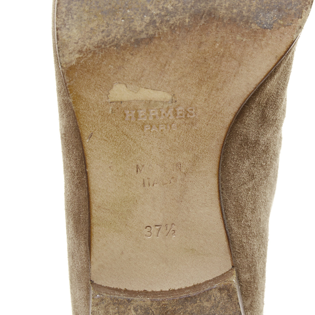 HERMES brown suede gold Kelly toggle hardware point toe ankle boots EU37.5