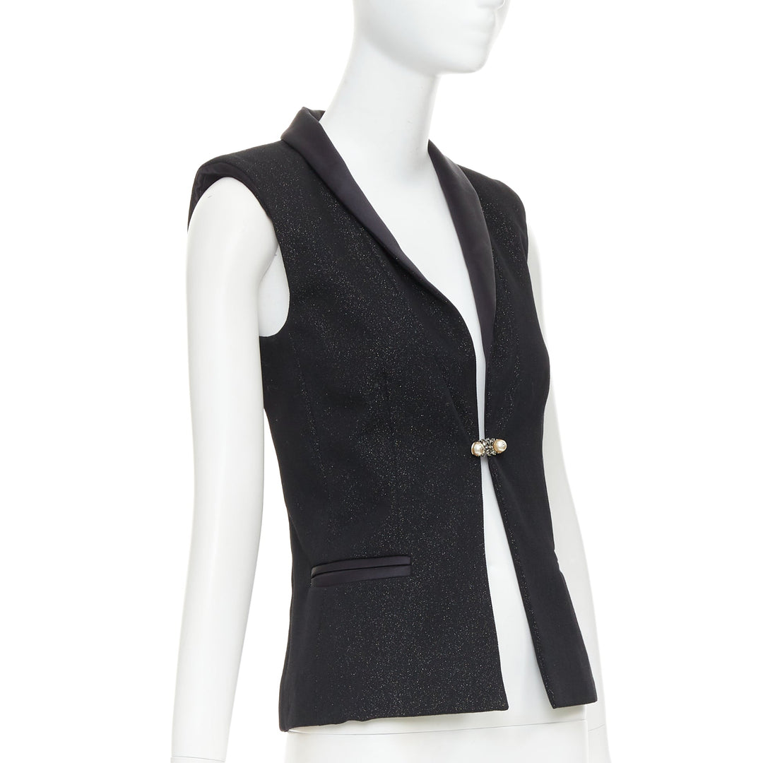 CHANEL black wool lurex pearl crystal button satin shawl collar vest FR36 S