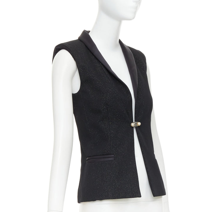 CHANEL black wool lurex pearl crystal button satin shawl collar vest FR36 S