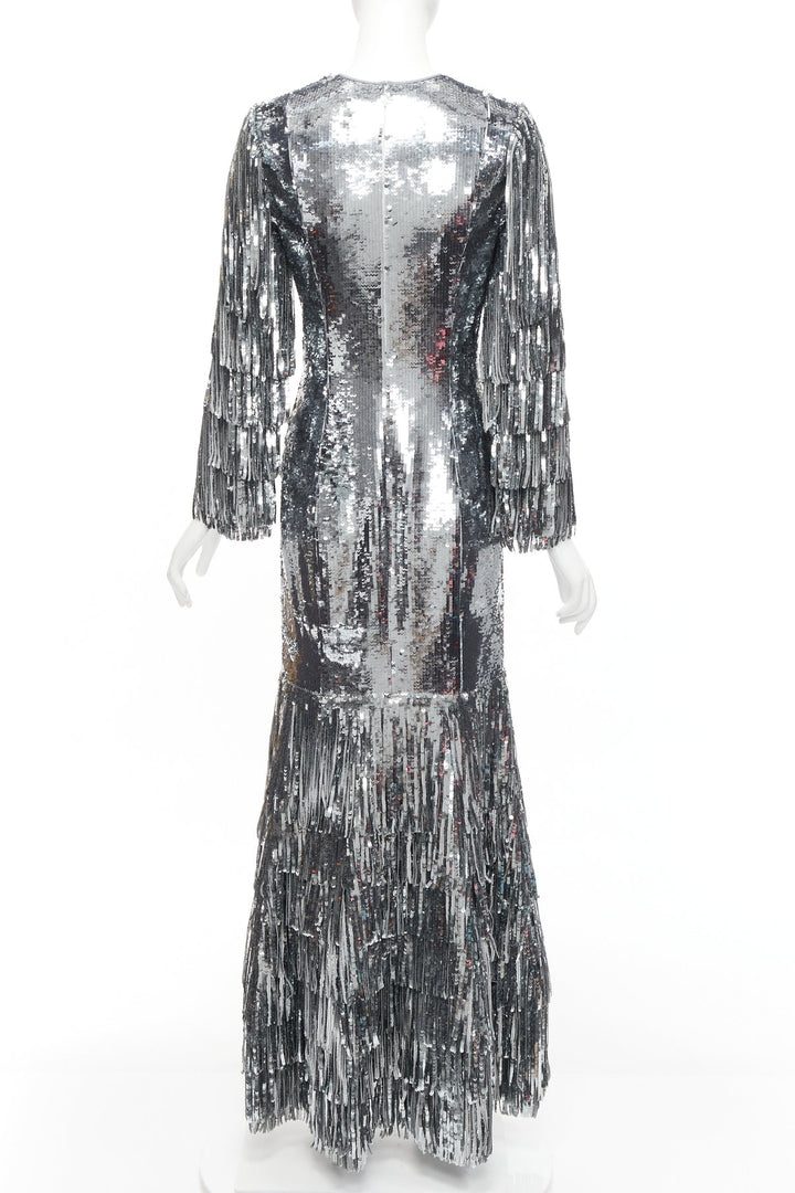 HUISHAN ZHANG silver sequins fringe detail silk lined mermaid gown dress UK6 XS