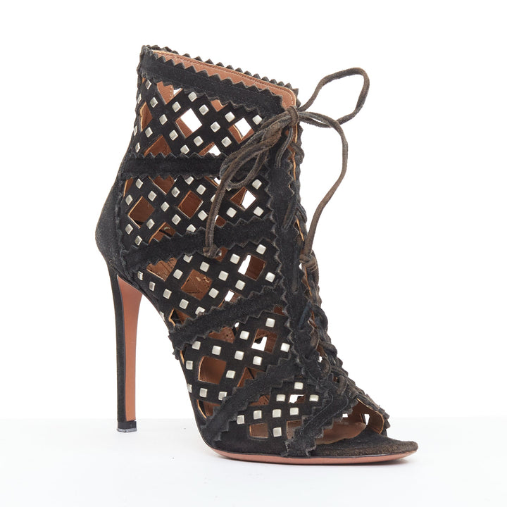 ALAIA black suede laser cut diamond lattice studded cage ankle booties EU35