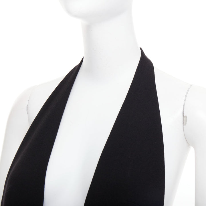 SAINT LAURENT 2022 Runway black plunge neck crystal low back wool dress FR40 L