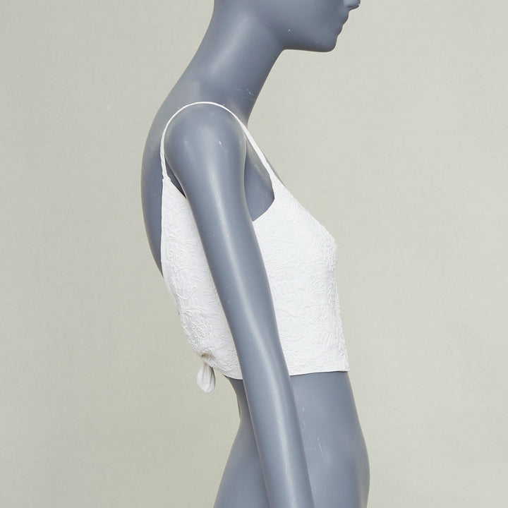 JIL SANDER+ cream 3D twist floral embroidery self tie crop top camisole FR36 S