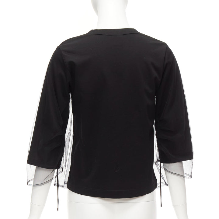 NOIR KEI NINOMIYA 2018 black cotton sheer tulle overlay ruched sleeves tshirt XS