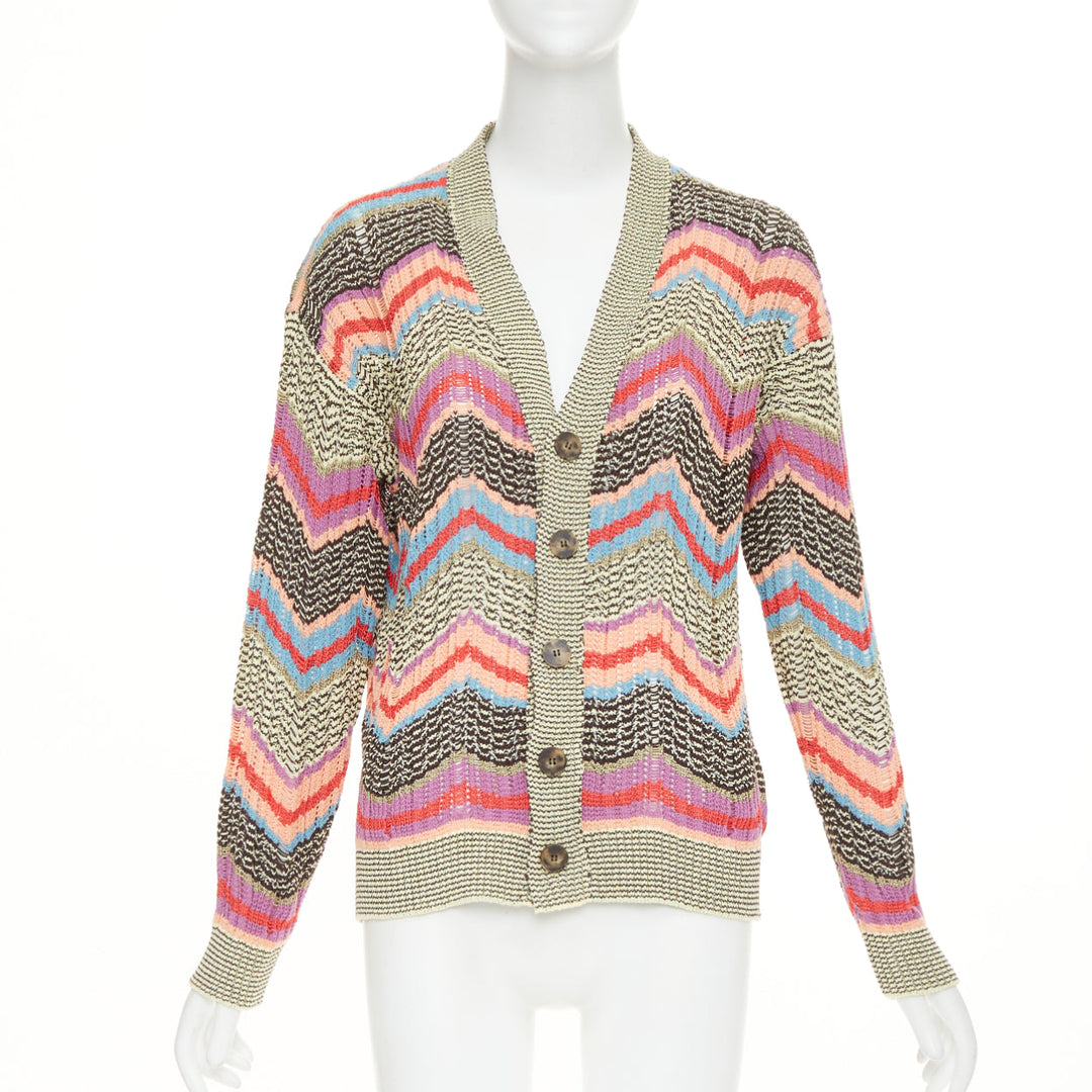 MISSONI Collection yellow brown multicolor chevon intarsia knitted cardigan XS