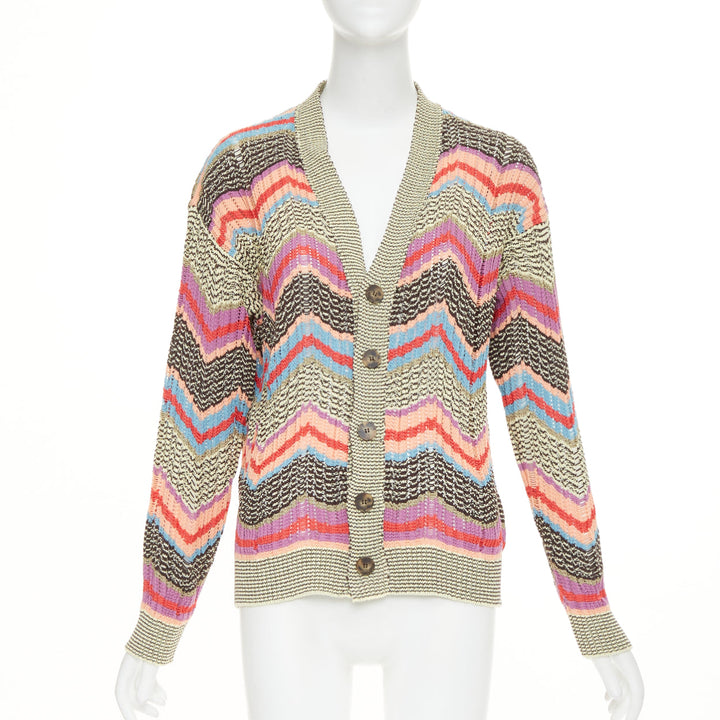MISSONI Collection yellow brown multicolor chevon intarsia knitted cardigan XS