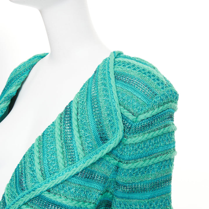 ST JOHN COUTURE turquoise blue multi knit strass button cardigan US14 3XL
