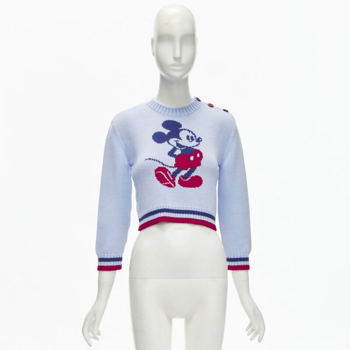 MIU MIU DISNEY Mickey Mouse powder blue red cropped sweater IT38 XS