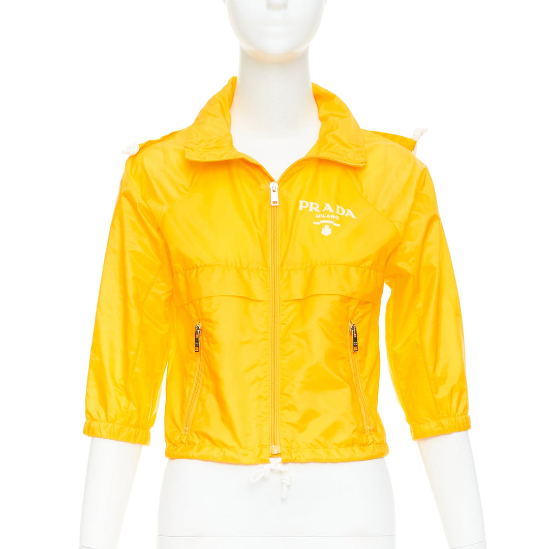 PRADA 2021 Re-nylon citron yellow white logo cropped jacket windbreaker IT38 XS
