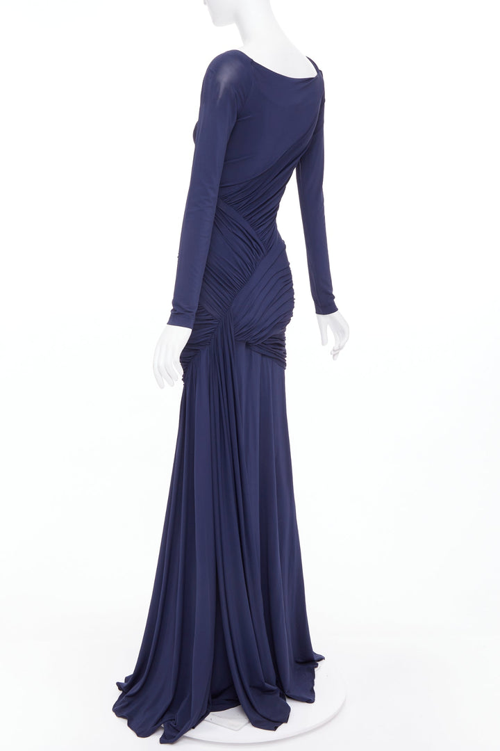 DONNA KARAN navy cold shoulder lunge neck draped grecian gown dress L