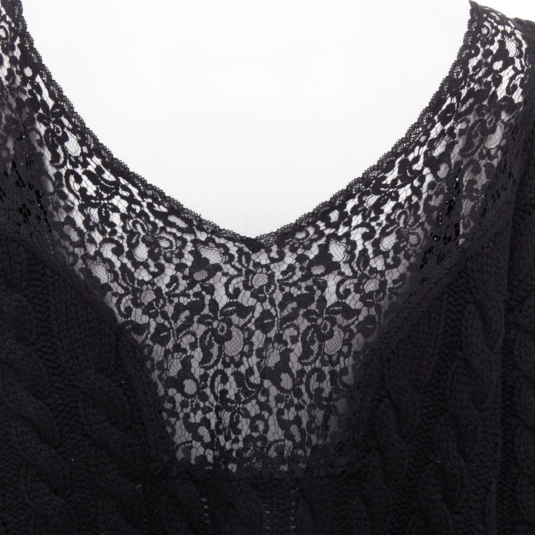 BALENCIAGA DEMNA 2017 black wool cable knit lace plunge oversized sweater FR