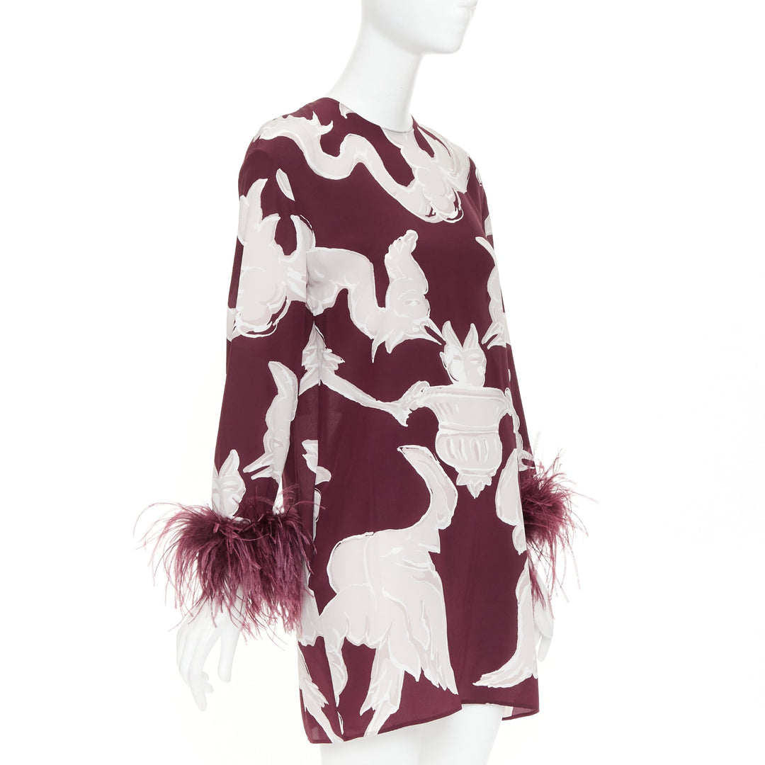 VALENTINO 2024 Runway Metamorphosis Gryphon print feather cuff silk dress IT40 S