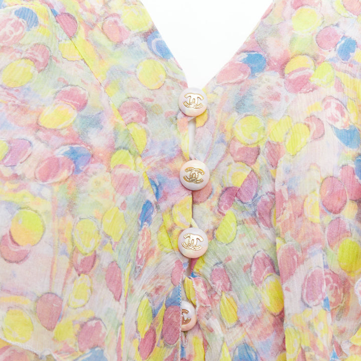 CHANEL 2011 100% silk Vintage circle pastel CC logo ruffle blouse FR42 XL